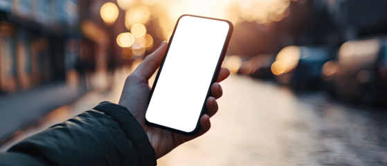 Hand holding a smartphone. Transparent mobile screen mockup. Close-up of a man hand holding a smartphone white screen is blank the background is blurred.Mockup. Generative ai