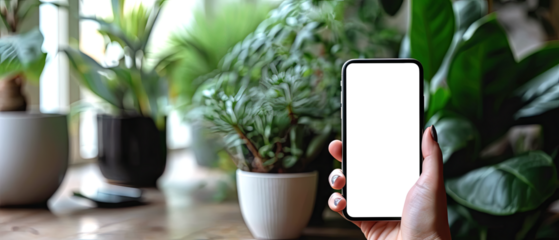 Hand holding a smartphone. Transparent mobile screen mockup. Close-up of a man hand holding a smartphone white screen is blank the background is blurred.Mockup. Generative ai