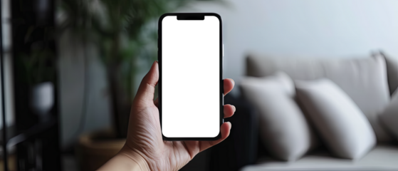 Hand holding a smartphone. Transparent mobile screen mockup. Close-up of a man hand holding a smartphone white screen is blank the background is blurred.Mockup. Generative ai