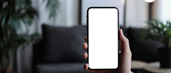 Hand holding a smartphone. Transparent mobile screen mockup. Close-up of a man hand holding a smartphone white screen is blank the background is blurred.Mockup. Generative ai