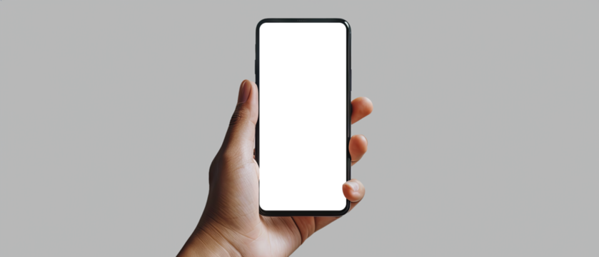 Hand holding a smartphone. Transparent mobile screen mockup. Close-up of a man hand holding a smartphone white screen is blank the background is blurred.Mockup. Generative ai