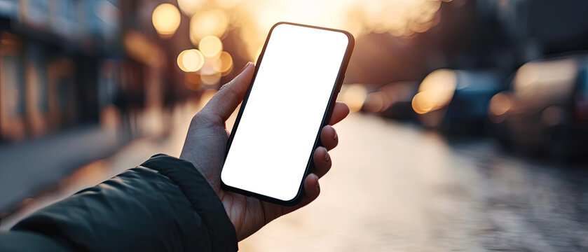 Hand holding a smartphone. Transparent mobile screen mockup. Close-up of a man hand holding a smartphone white screen is blank the background is blurred.Mockup. Generative ai