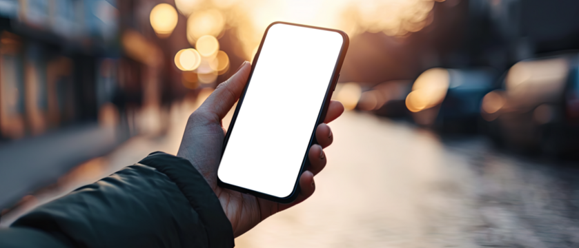 Hand holding a smartphone. Transparent mobile screen mockup. Close-up of a man hand holding a smartphone white screen is blank the background is blurred.Mockup. Generative ai - Powered by Adobe
