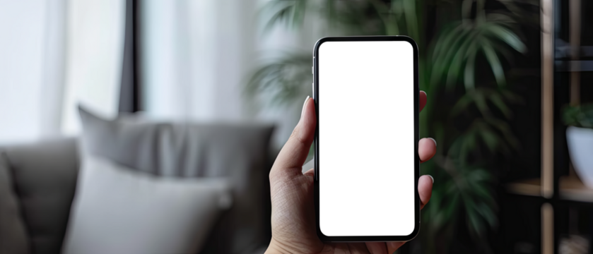 Hand holding a smartphone. Transparent mobile screen mockup. Close-up of a man hand holding a smartphone white screen is blank the background is blurred.Mockup. Generative ai
