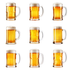 Big set of various full beer mugs mockups isolated on transparent background. High resolution