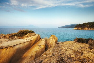 Amazing landscape of rocky shore at Mediterranean sea. Halkidiki.Karydi beach in Vourvourou. Sithonia peninsula. Greece. - 708709122