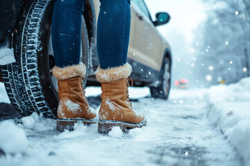 Woman stands on snowy road next to broken car in winter. Bad weather conditions, dangerous driving conditions, emergency on winter road