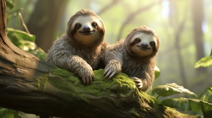 Two sloths playfully hanging side by side, their limbs gracefully intertwined in the jungle breeze -Generative Ai