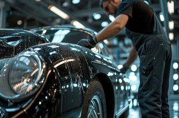 Man working in a detailing studio, prepping a car for care treatment. Technician washing and polishing the beautiful car.