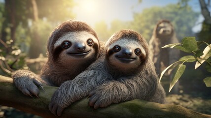 Two sloths playfully hanging side by side, their limbs gracefully intertwined in the jungle breeze -Generative Ai - obrazy, fototapety, plakaty