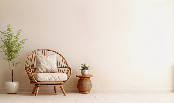 Boho room interior with empty beige wall and cozy wicker armchair. Natural daylight from a window. Minimalist promotional background with copy space.