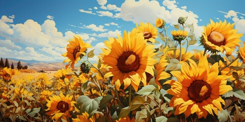 enchanting scene captures the vibrant yellow hues of the sunflowers contrasted against the deep blue expanse above. 