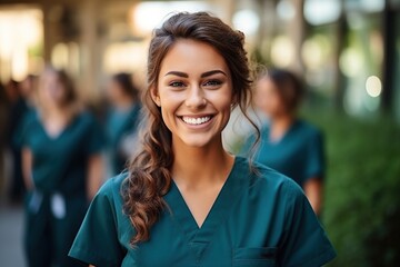 Confident female healthcare professional in scrubs smiling