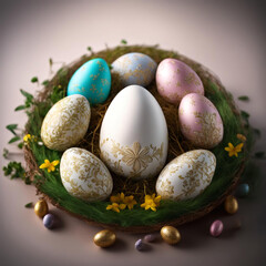 Obraz premium Easter eggs laid in a basket with greens.