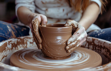 Fototapeta na wymiar Female redhead potter working on pottery wheel while sitting in her workshop. 