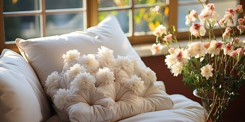 Soft pillow cover, pure and white, resting on a cozy chair. It feels smooth and comfy. Ready for cuddles and naps. 