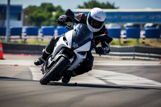 A motorcyclist in full gear, including a white helmet and protective clothing, is dynamically cornering on a sport motorcycle on a racetrack, demonstrating skill and speed