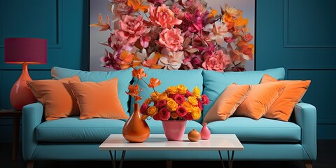 a mix of bold hues like electric blues, warm oranges, and lively pinks, 