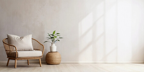 Boho living room interior with empty beige wall and cozy wicker armchair. Natural daylight from a window. Minimalist promotional background with copy space.