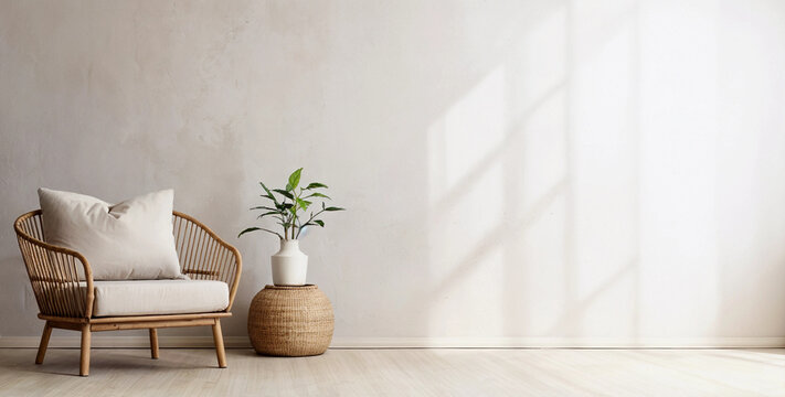 Boho living room interior with empty beige wall and cozy wicker armchair. Natural daylight from a window. Minimalist promotional background with copy space.