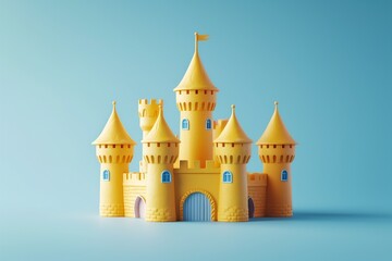 Magic yellow Princess Castle with flags and towers. Cartoon Style. Children’s game. For games. Fantasy kingdom. Toy. Colourful design. 3D Illustration for book. Copy space for text. Isolated on blue