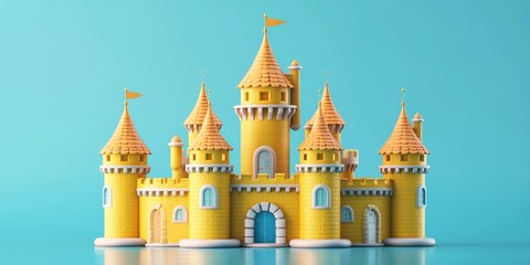 Magic yellow Princess Castle with flags and towers. Cartoon Style. Children’s game. For games. Fantasy kingdom. Toy. Colourful design. 3D Illustration for book. Copy space for text. Isolated on blue