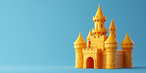 Magic yellow Princess Castle with flags and towers. Cartoon Style. Children’s game. For games. Fantasy kingdom. Toy. Colourful design. 3D Illustration for book. Copy space for text. Isolated on blue