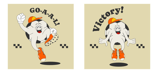 Trendy poster, print, postcard with cartoon groovy character soccer ball and motivational quote. A sports ball bouncing with joy. Vector illustration in retro style of the 60s-70s