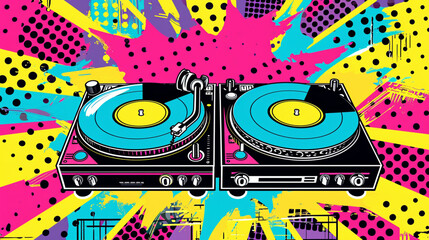 Obraz premium Wow pop art. dj set. colorful background in pop art retro comic style.