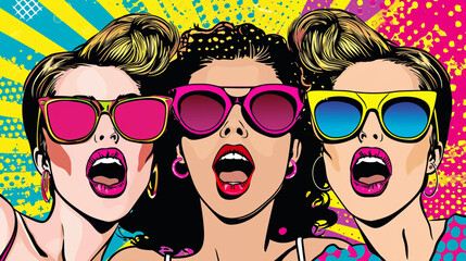 Wow pop art party womans. Vector colorful background in pop art retro comic style.
