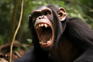 A close-up portrait of a young chimpanzee with its mouth wide open, showcasing its teeth in a natural forest environment