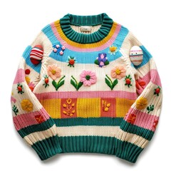 A charming pastel sweater with Easter-inspired embellishments, ideal for a festive spring look.