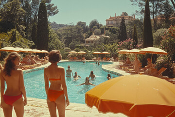 Beautiful women sat around a pool in the south of France in a retro vintage style