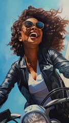 Happy African American woman driving a motorcycle on a sunny day