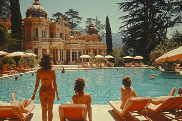 Beautiful women sat around a pool in the south of France in a retro vintage style