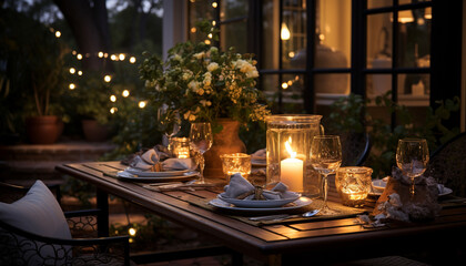 Fototapeta na wymiar Luxury dining table adorned with candlelight, elegant decor, and exquisite food generated by AI