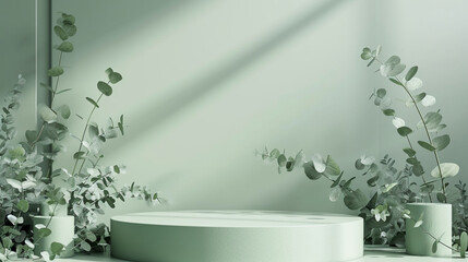 Natural podium with ocaliptus green and beige background for product placement with green plant copy space, 3d render