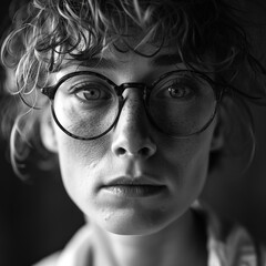 Woman looks into the camera in a close-up. The woman is wearing glasses and the photo is taken in black and white