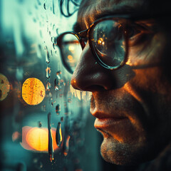 A man thinks thoughtfully. He is wearing glasses. Close-up