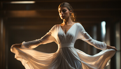 Fototapeta premium Young adult bride in wedding dress, smiling, standing indoors generated by AI