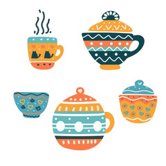 Set vector of teapots, cups, heart, Valentine's Day