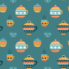 Valentine's Day vector pattern, teapots, cups, tea
