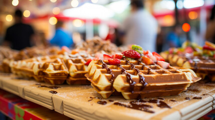 Waffle festival, showcasing a diverse array of waffle creations from different cultures, Include the vibrant atmosphere and smiling faces