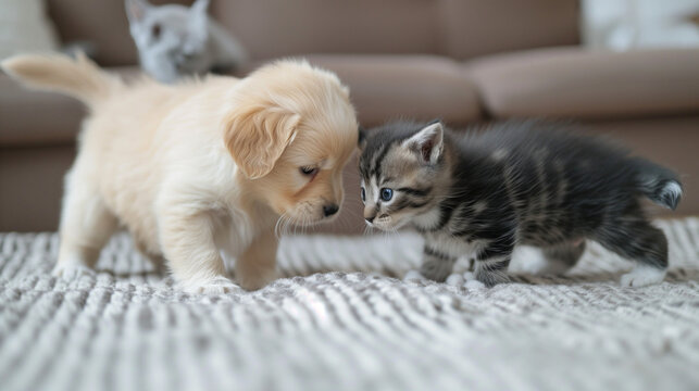 A Golden Retriever puppy dog playing with a pussy cat