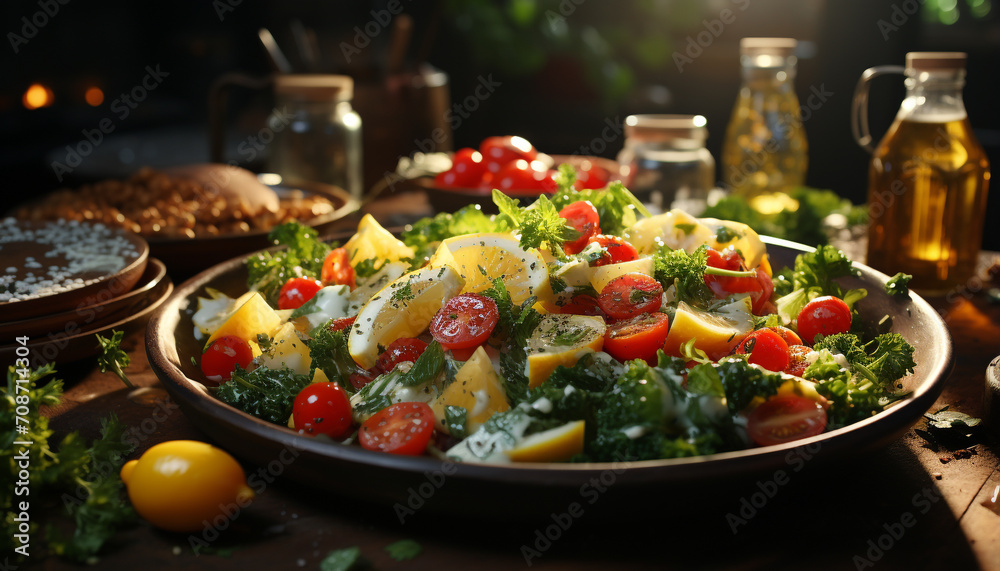 Canvas Prints Fresh gourmet salad with healthy vegetables, cooked seafood, and mozzarella generated by AI