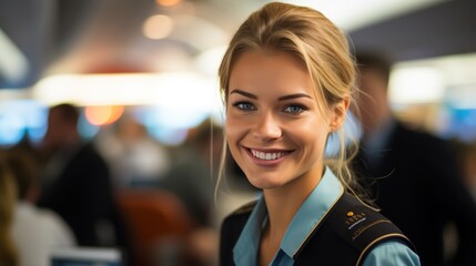 Portrait of a smiling young blonde woman in a blue uniform