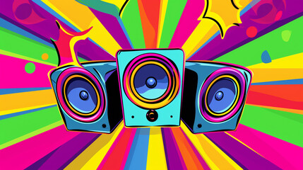 Wow pop art party sound system. colorful background in pop art retro comic style.