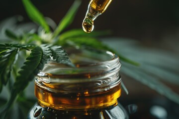 This macro shot captures a suspended oil droplet, hanging precariously on the tip of a pipette, on the verge of descending into an open jar containing lustrous, dark oil droplets