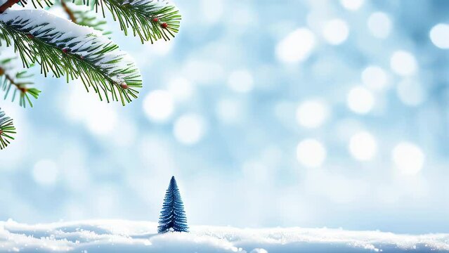 Beautiful winter background image of frosted spruce branches and small drifts of pure snow with bokeh Christmas lights and space for text