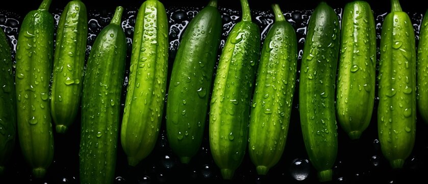 Symmetrical Dew-Kissed Cucumbers Lined Up Against a Black Background